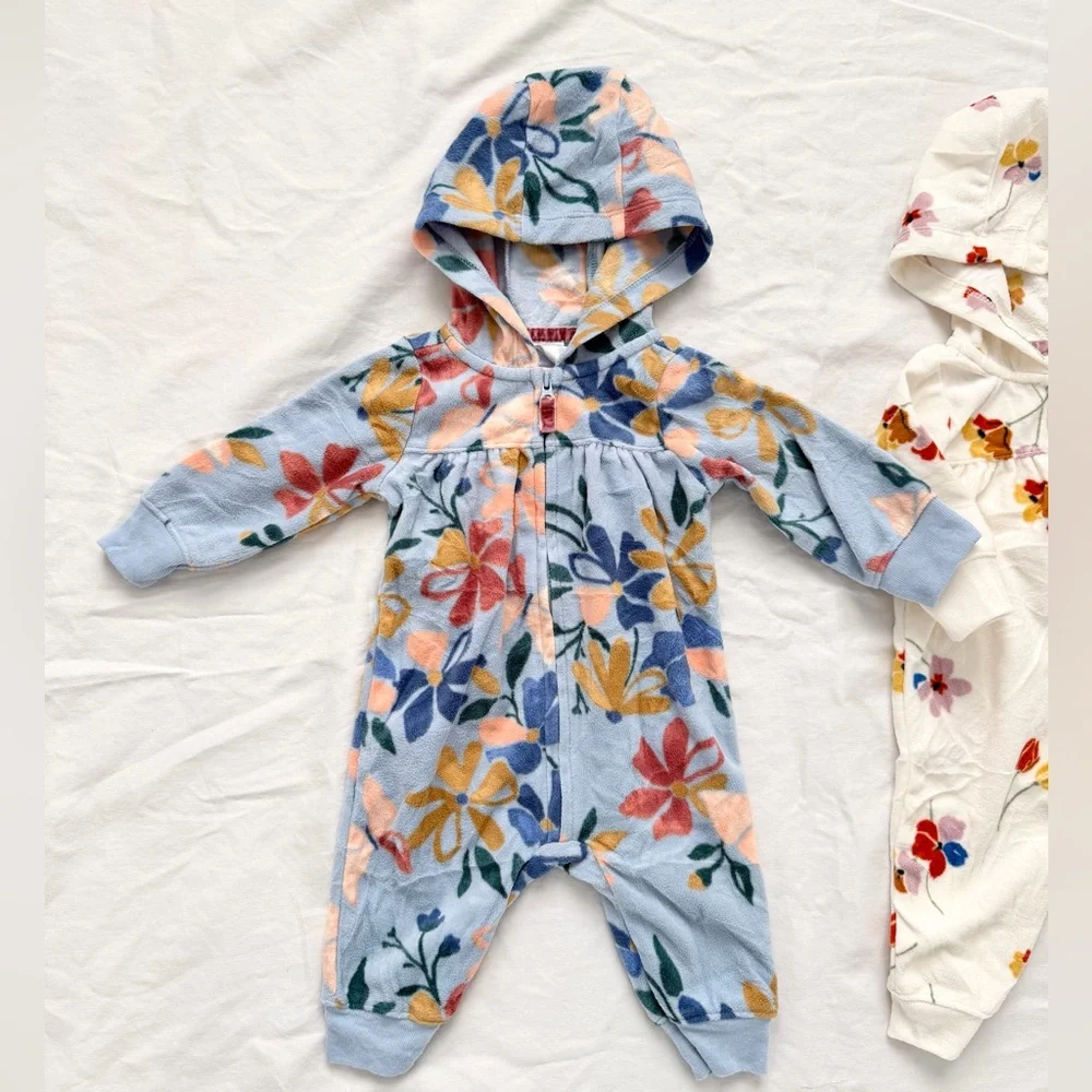 Carters Bundle | 2 Infant Girls Fleece Zip Hooded Jumpsuit | 3 months | Floral